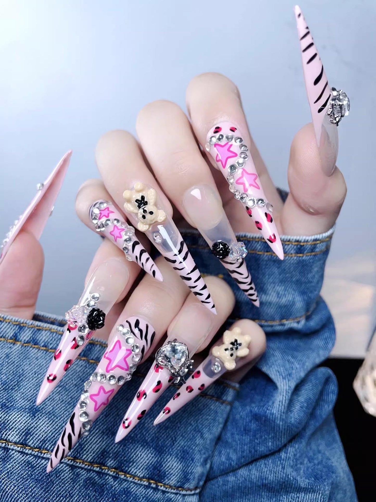 Luxury handmade nails leopard print pink nails star bear press on nails gel nails extra long stiletto y2k sweety trendy nail