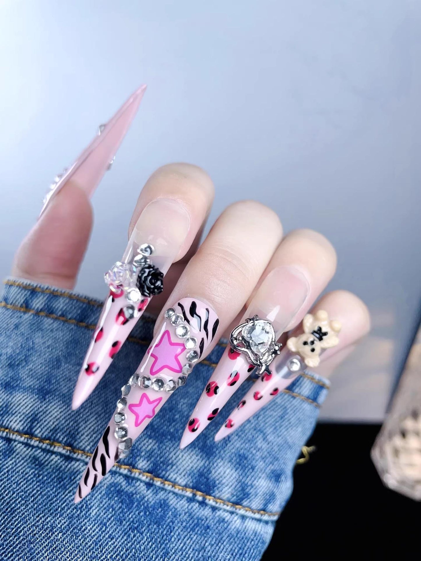 Luxury handmade nails leopard print pink nails star bear press on nails gel nails extra long stiletto y2k sweety trendy nail