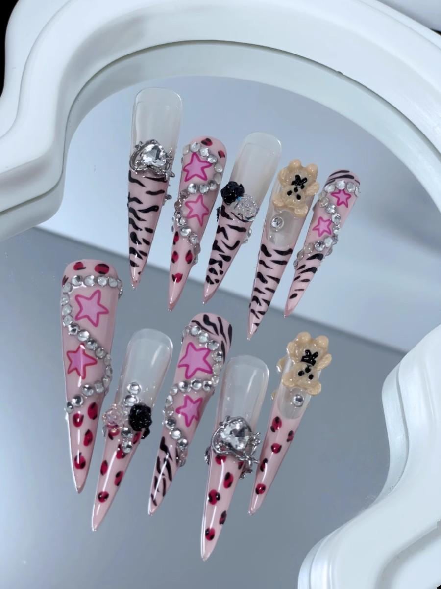 Luxury handmade nails leopard print pink nails star bear press on nails gel nails extra long stiletto y2k sweety trendy nail