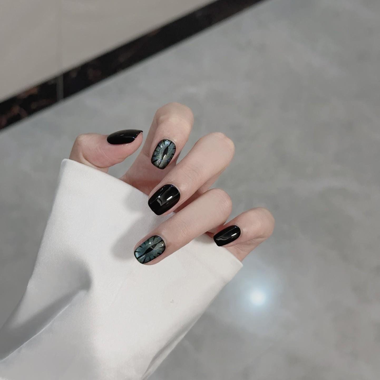 Luxury green cat eye nails evil eye handmade nails press on nails gel nails fake nails black glue on nails
