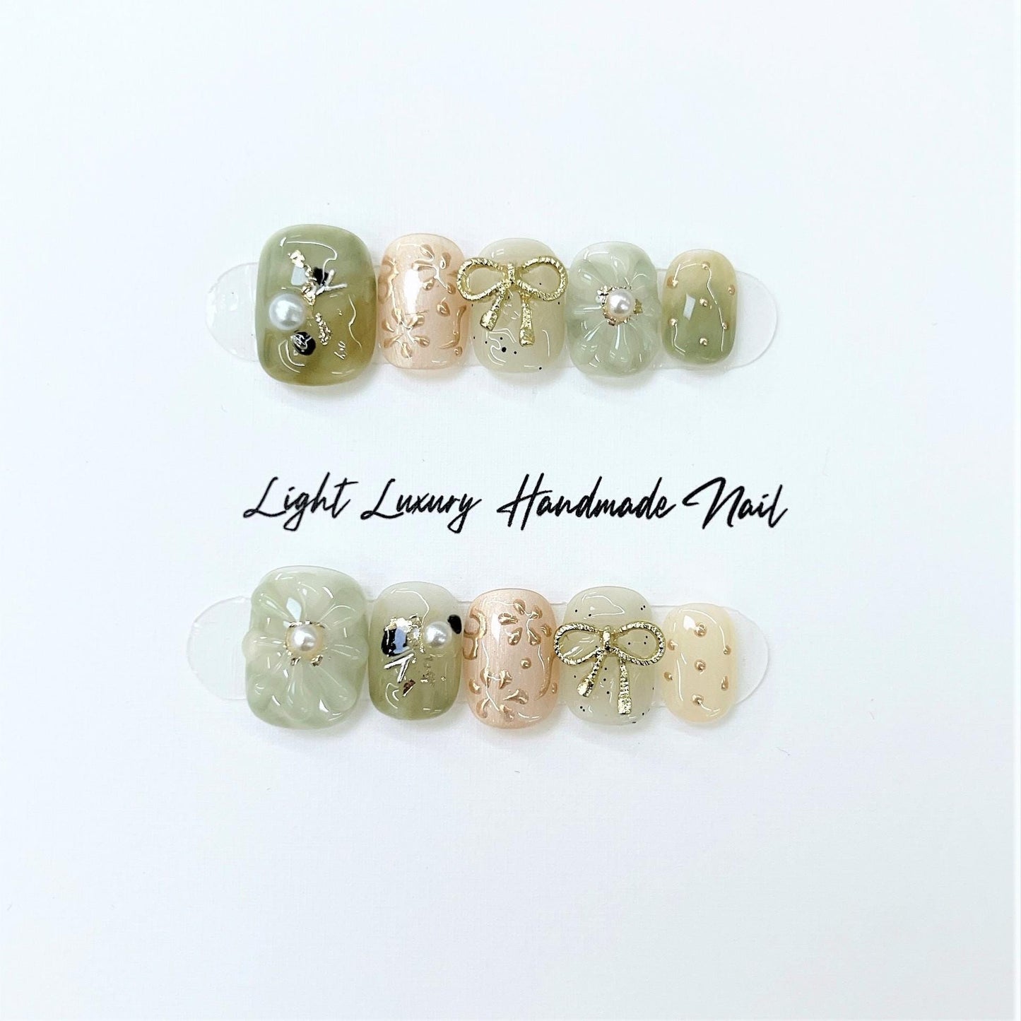 Luxury green flower nails bow handmade nails polka dot press on nail gel nails short nails art trendy summer