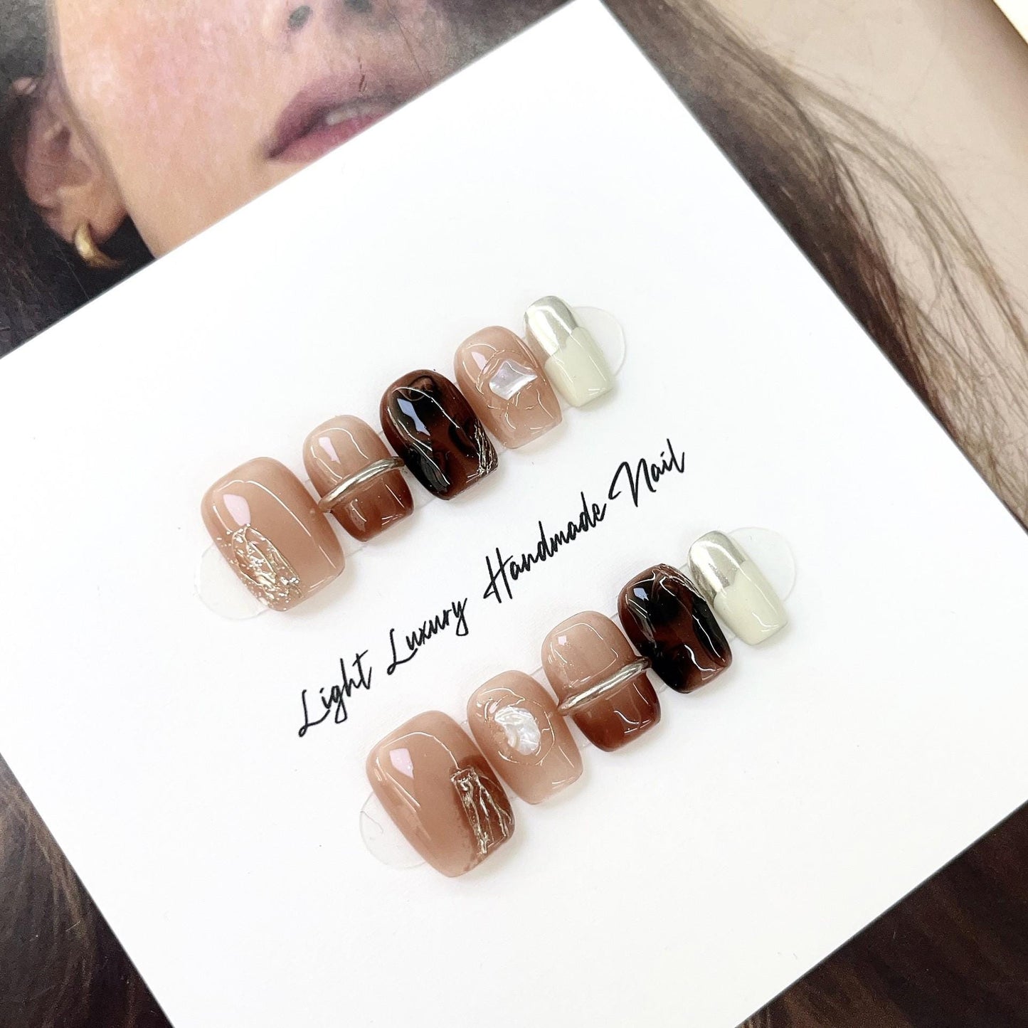 Luxury amber handmade nails press on nails gel nails extra short coffin nails art fake nails reusable