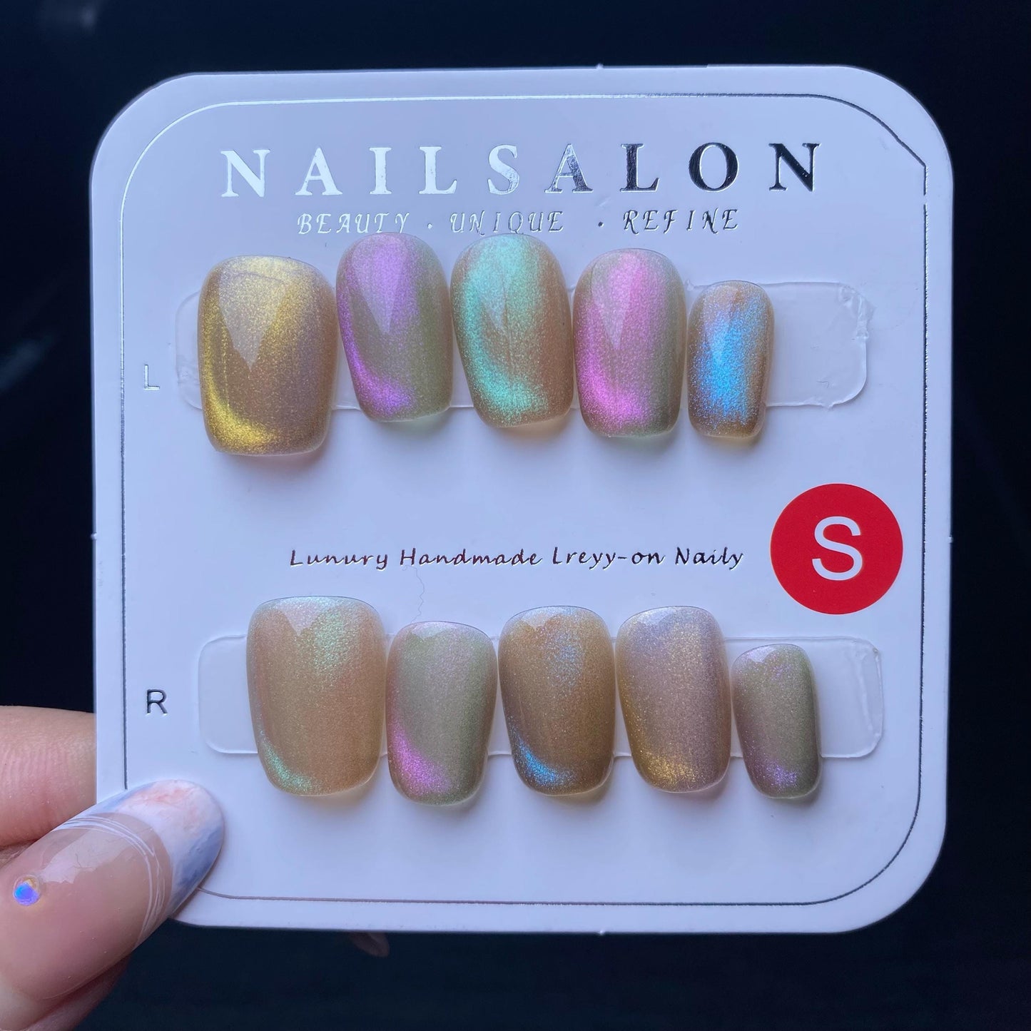 Luxury rainbow cat eye nails colourful handmade press on nails gel nails shiny short coffin