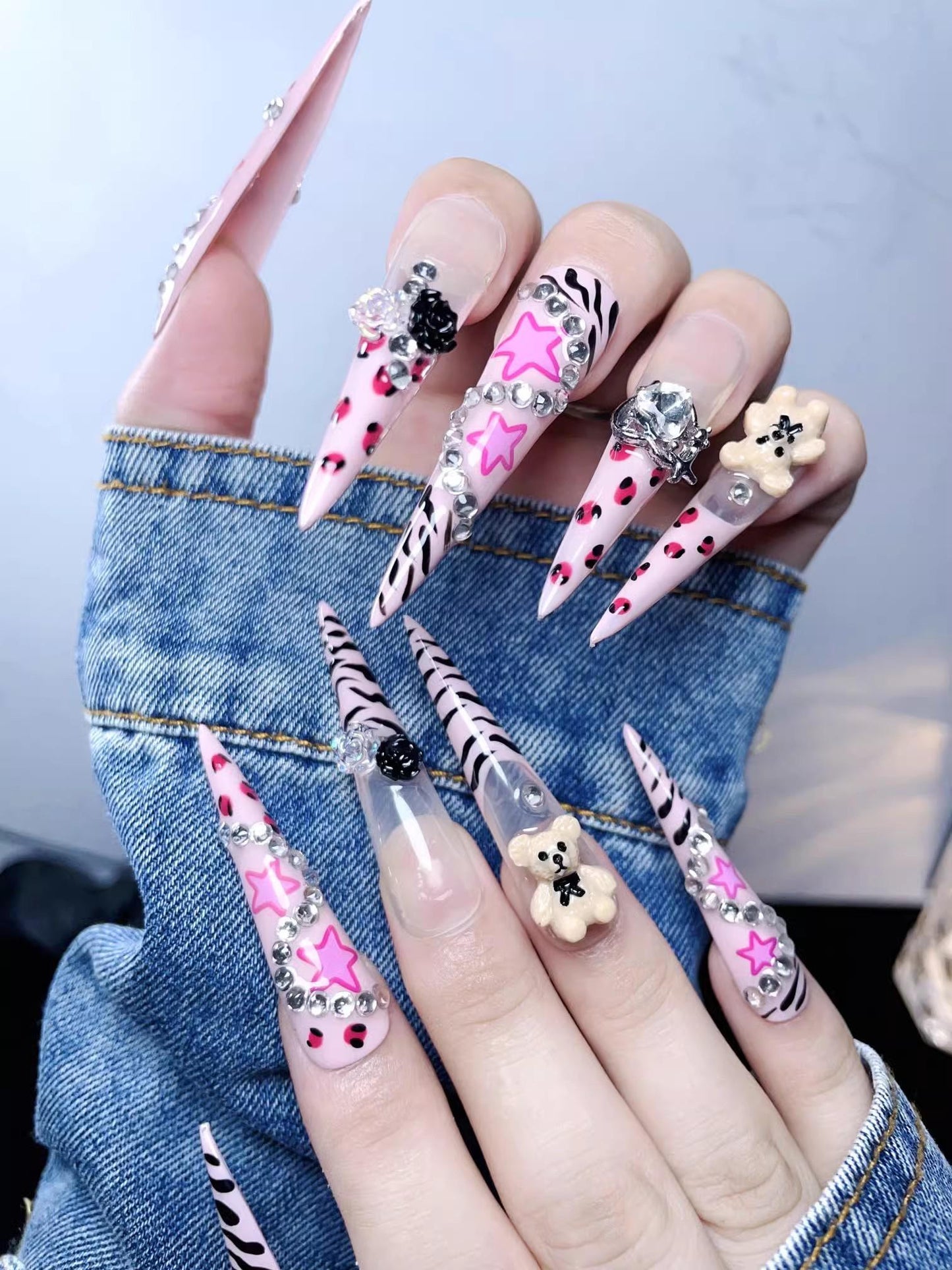 Luxury handmade nails leopard print pink nails star bear press on nails gel nails extra long stiletto y2k sweety trendy nail