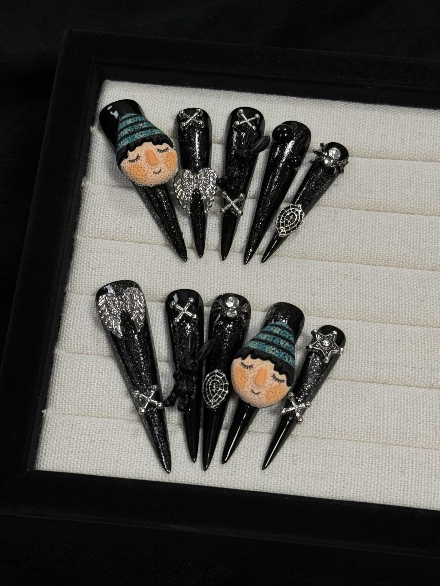 Luxury y2k gilr black cartoon wings handmade nails press on nails gel nails black bunny extra long stiletto
