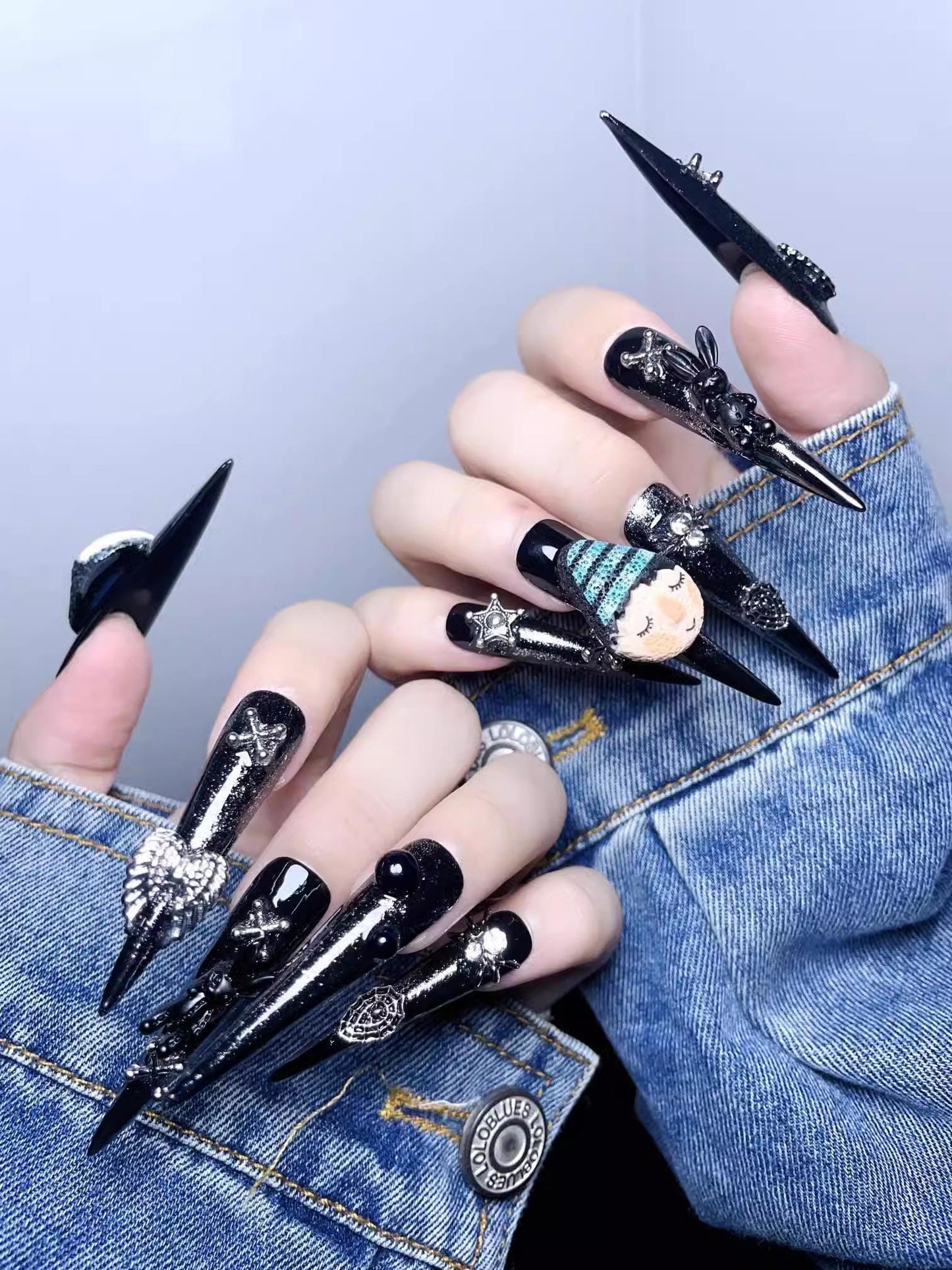 Luxury y2k gilr black cartoon wings handmade nails press on nails gel nails black bunny extra long stiletto