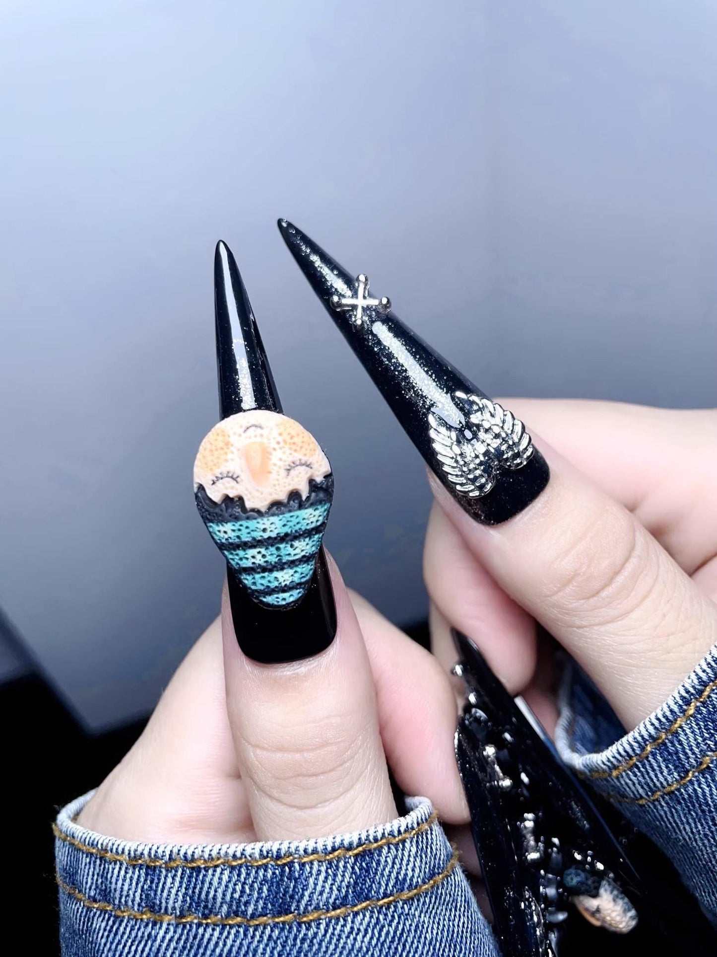 Luxury y2k gilr black cartoon wings handmade nails press on nails gel nails black bunny extra long stiletto