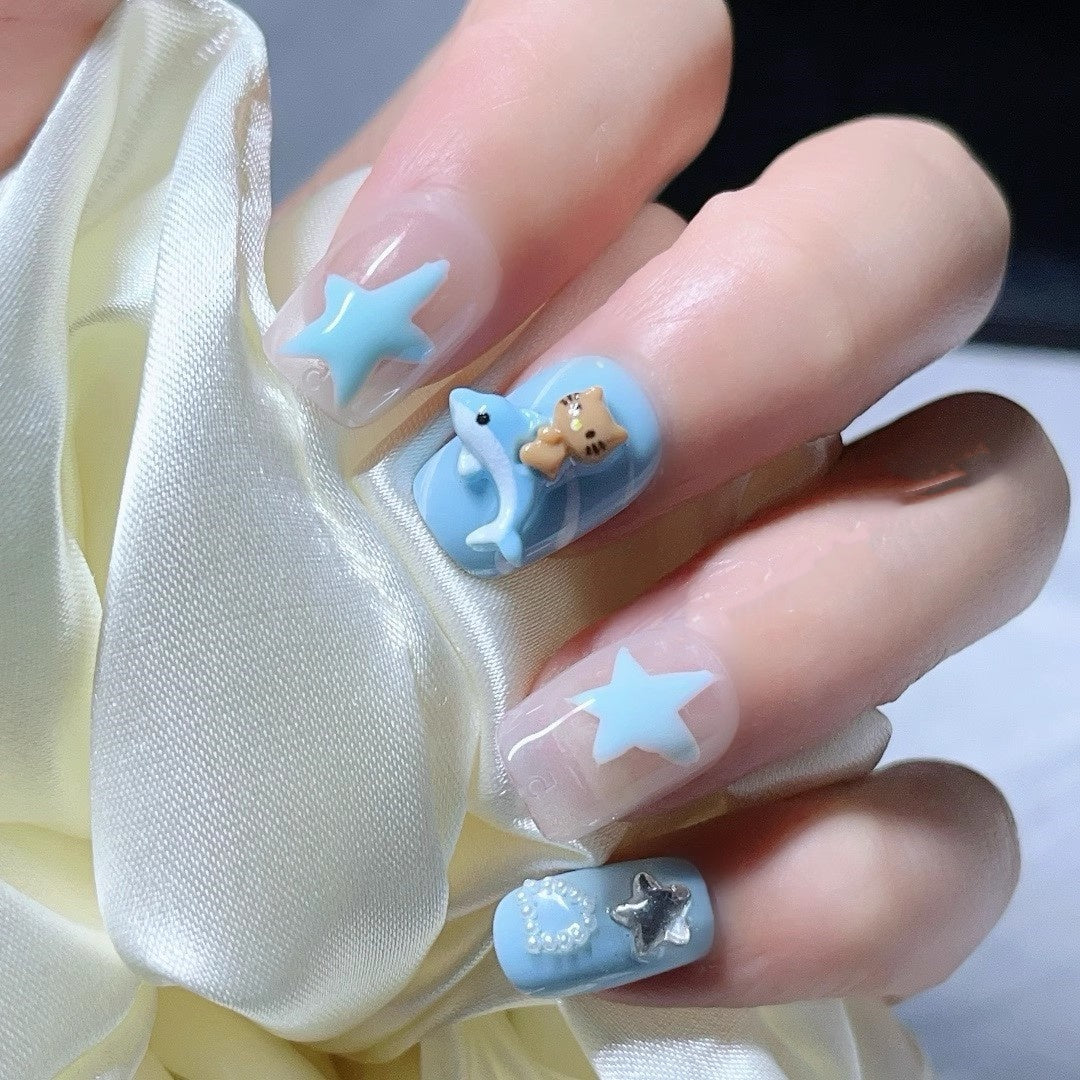 241124 short blue hello kitty handmade nails press on nails kawaii cute nails