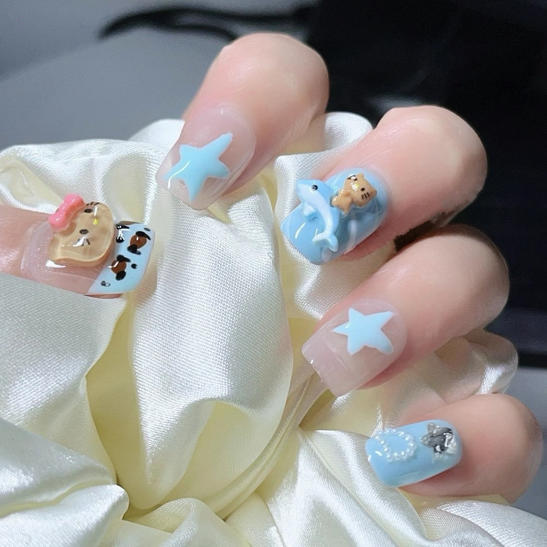 241124 short blue hello kitty handmade nails press on nails kawaii cute nails