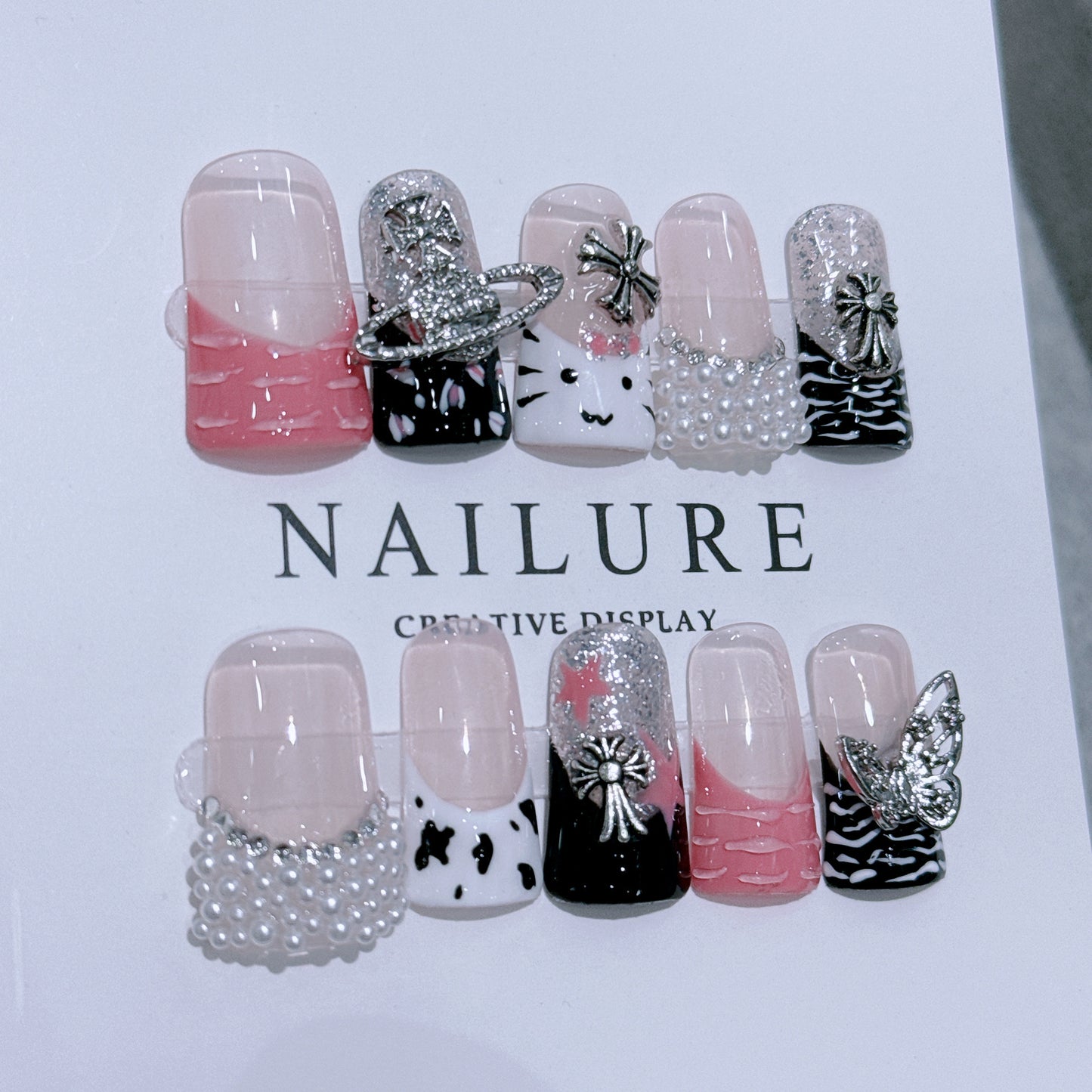 D06 duck nails handmade nails duck shape press on nails kitty chrome heart style y2k