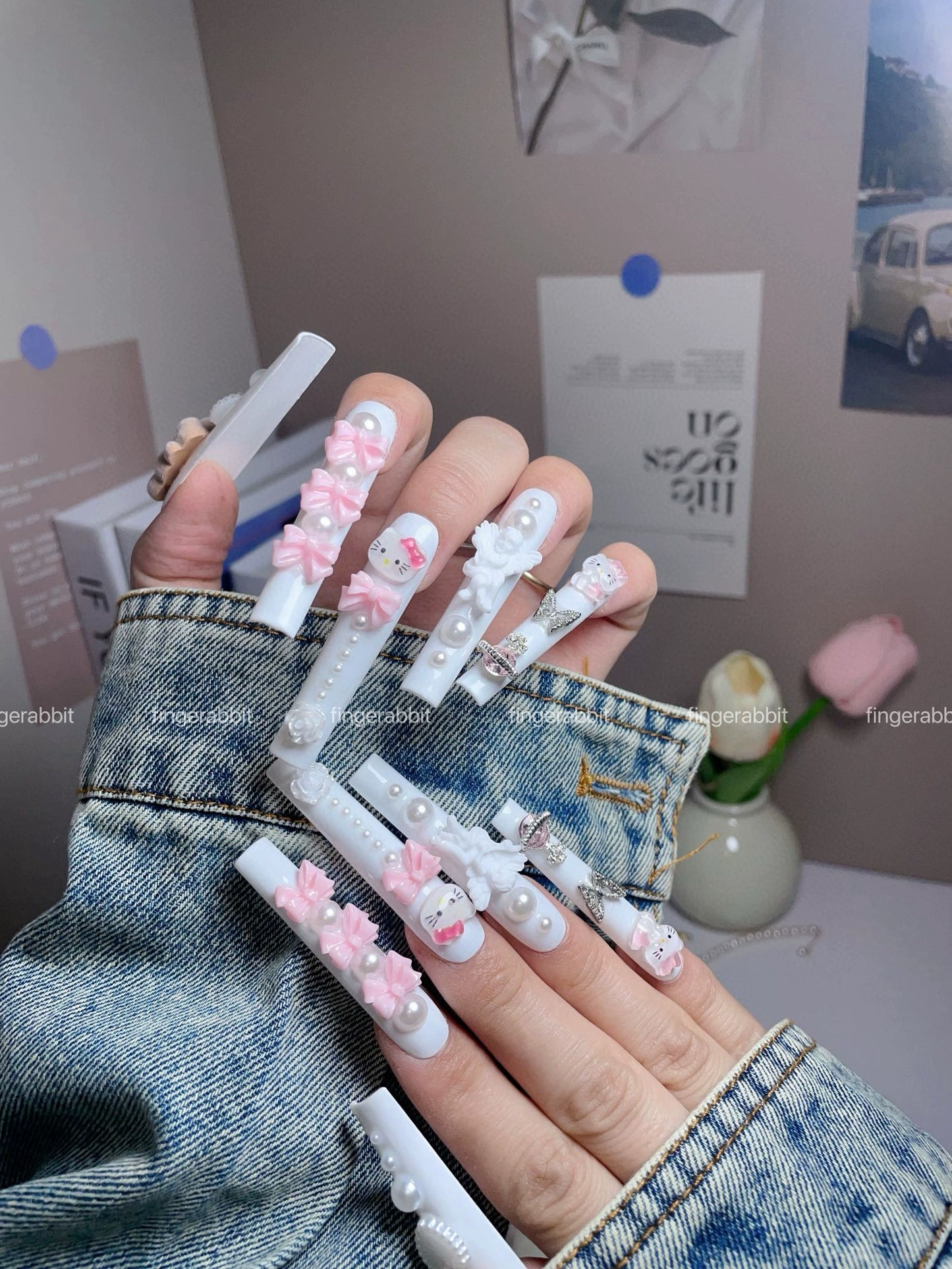 y2k handmade press on nails gel nails extra long pink bow long long square nails