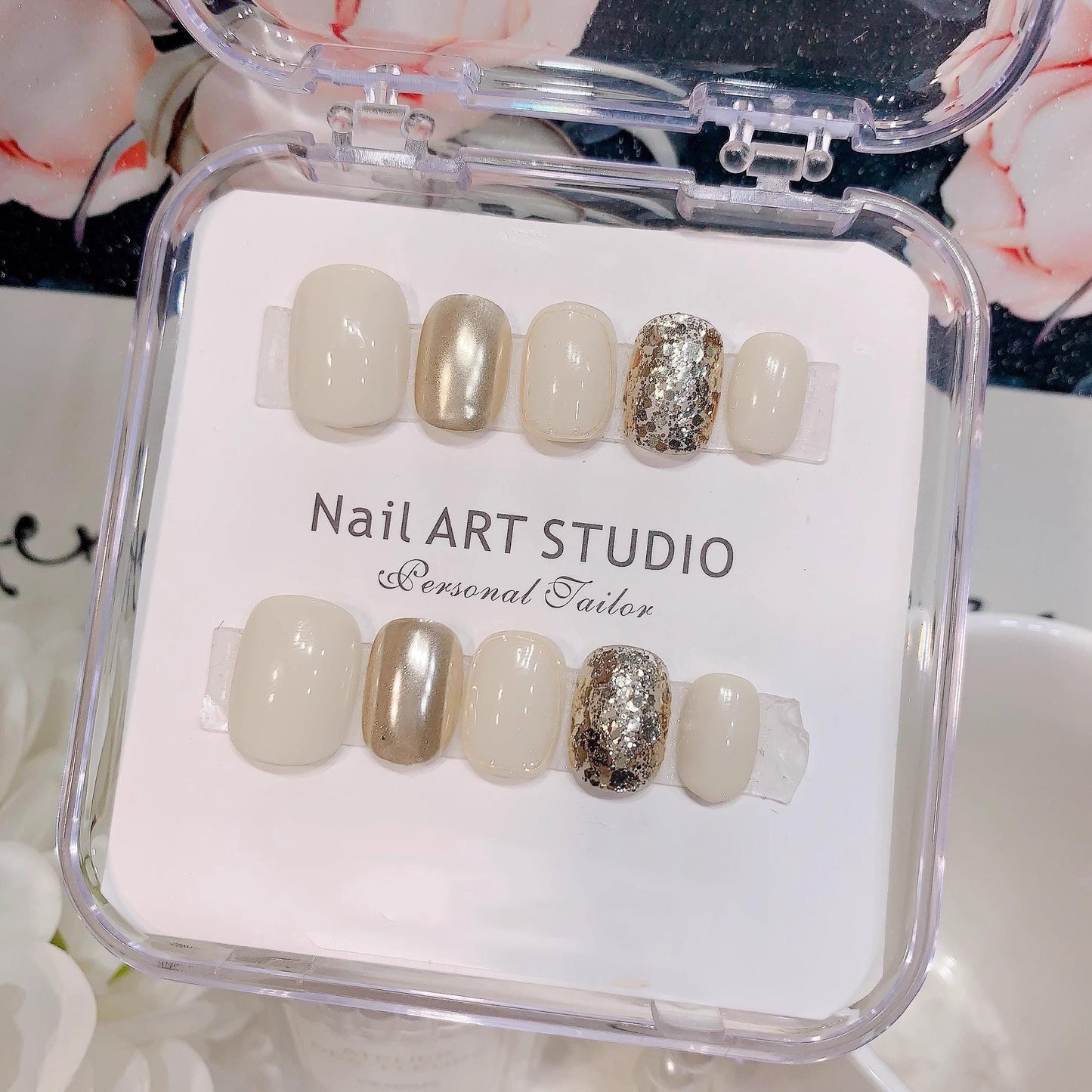 Luxury handmade nails cream white champagne sequins short rounded press on nails gold lines fake nails reusable daily nails