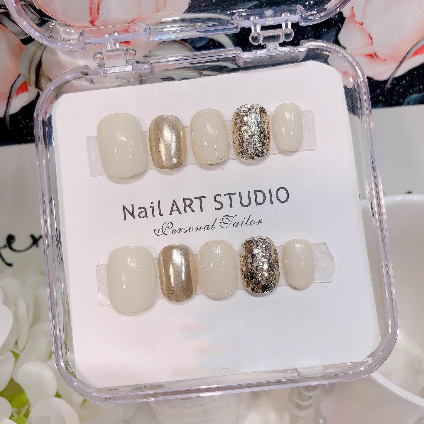 Luxury handmade nails cream white champagne sequins short rounded press on nails gold lines fake nails reusable daily nails