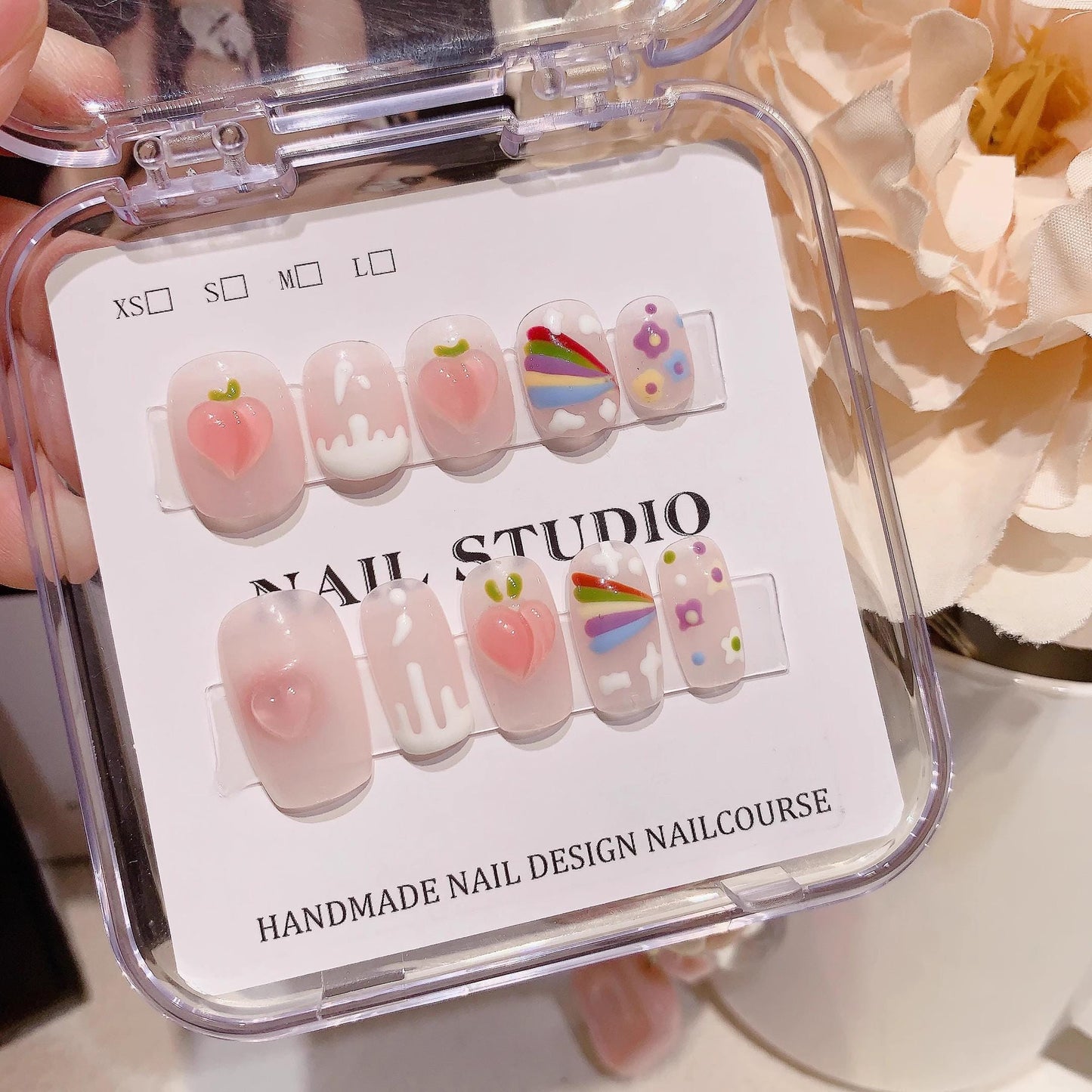 Press on nails handmade gel nails summer rainbow peach fake nails short rounded nails art medium square