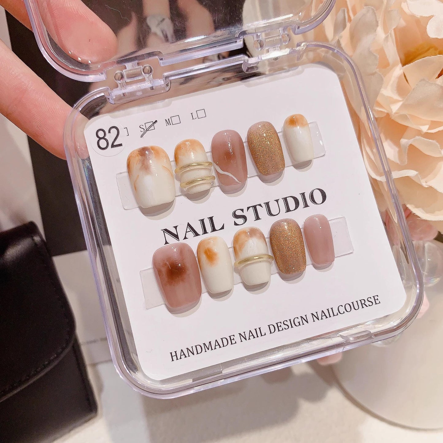 Luxury vintage extra short nails brown handmade press on nails blooming shinny fake nails coffin