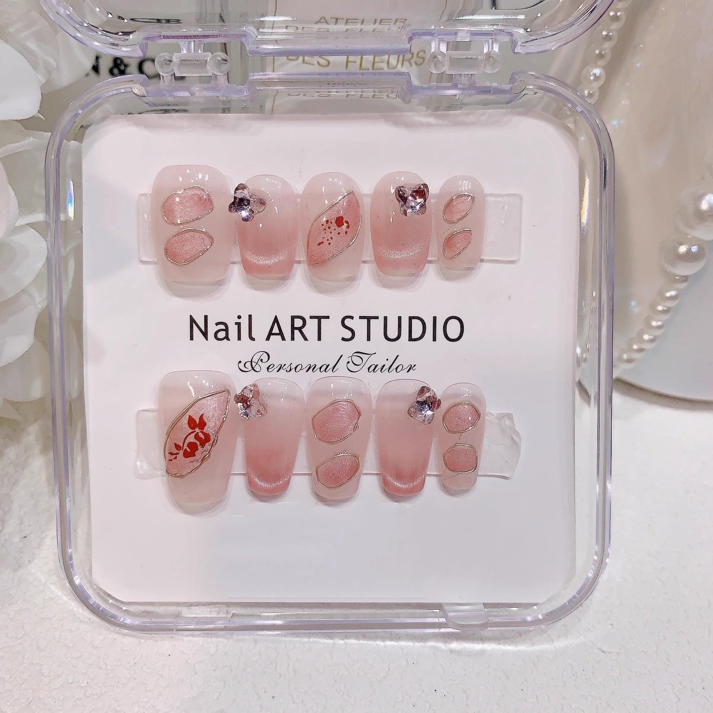 Luxury handmade nails cat eye pink gold lines butterfly press on nails gel nails extra short &short coffin nails art