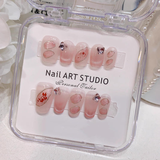 Luxury handmade nails cat eye pink gold lines butterfly press on nails gel nails extra short &short coffin nails art