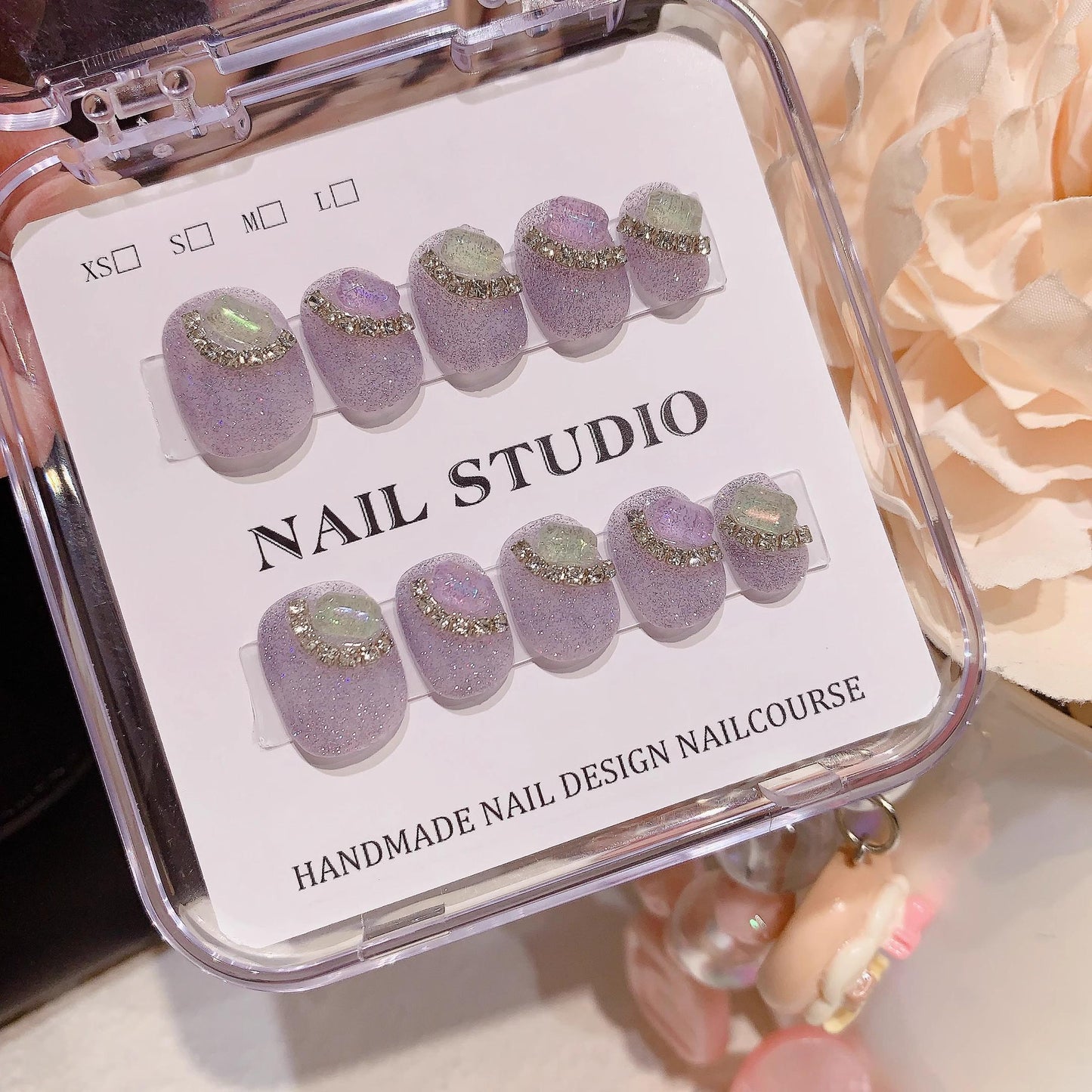 Glitter lavender purple nails diamond shinny handmade press on nail fake nails short rounded nails art cute daily nails