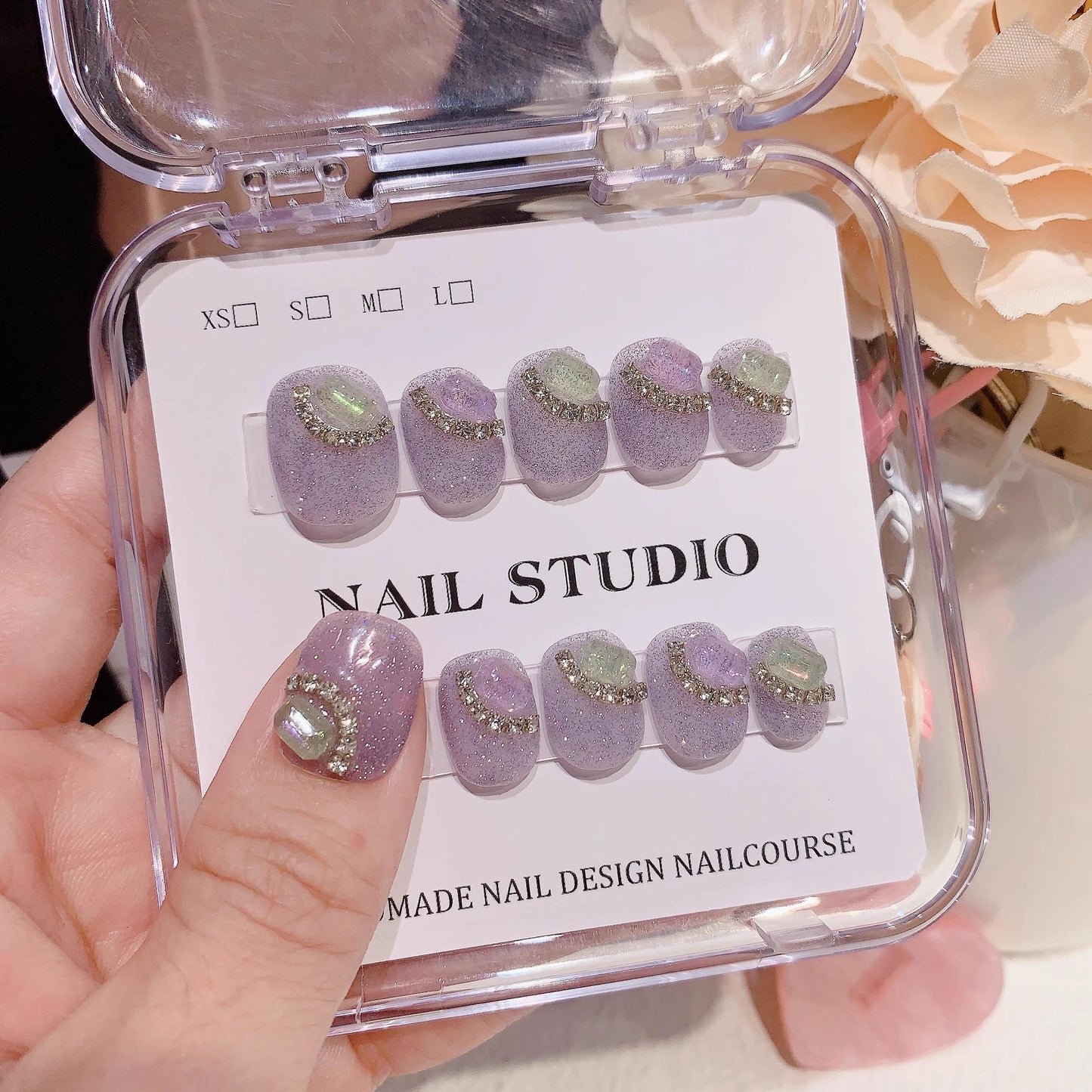 Glitter lavender purple nails diamond shinny handmade press on nail fake nails short rounded nails art cute daily nails