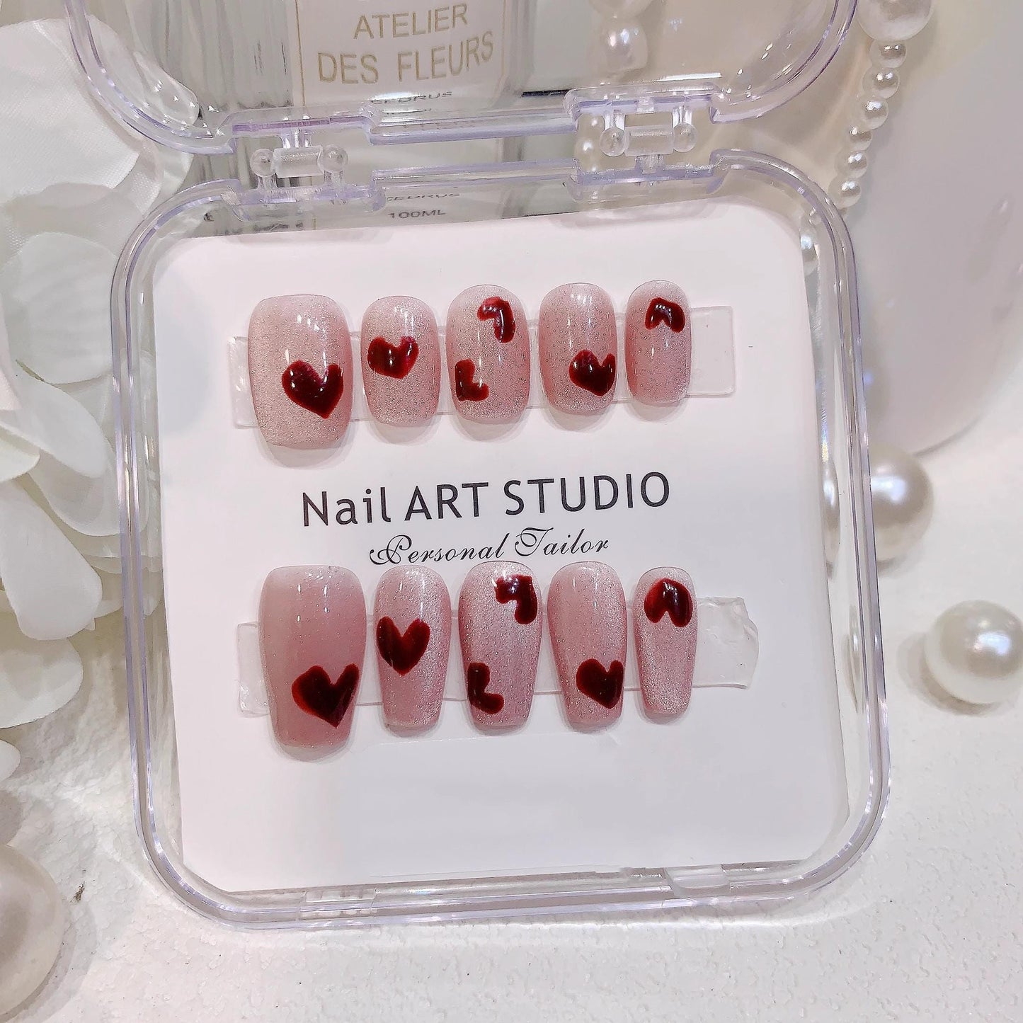 Luxury pink cat eye nails wine red heart sweetie handmade nails flase nails press on nails coffin shape extra short&short