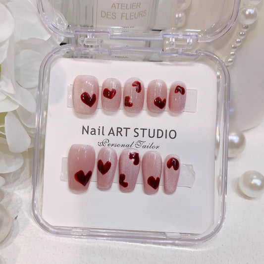 Luxury pink cat eye nails wine red heart sweetie handmade nails flase nails press on nails coffin shape extra short&short