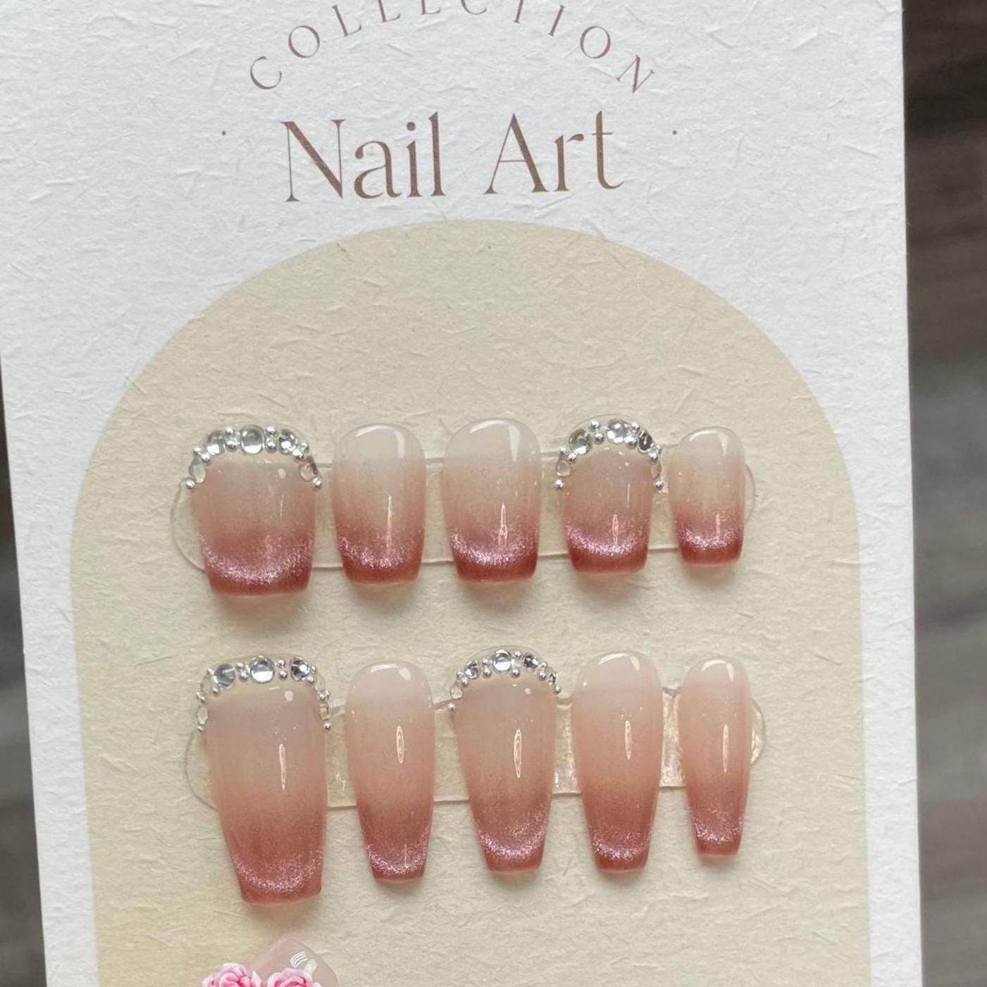 French cat eye ombre pink handmade nails press on nails gel nails simple nails art glitter nails coffin extra short &medium size