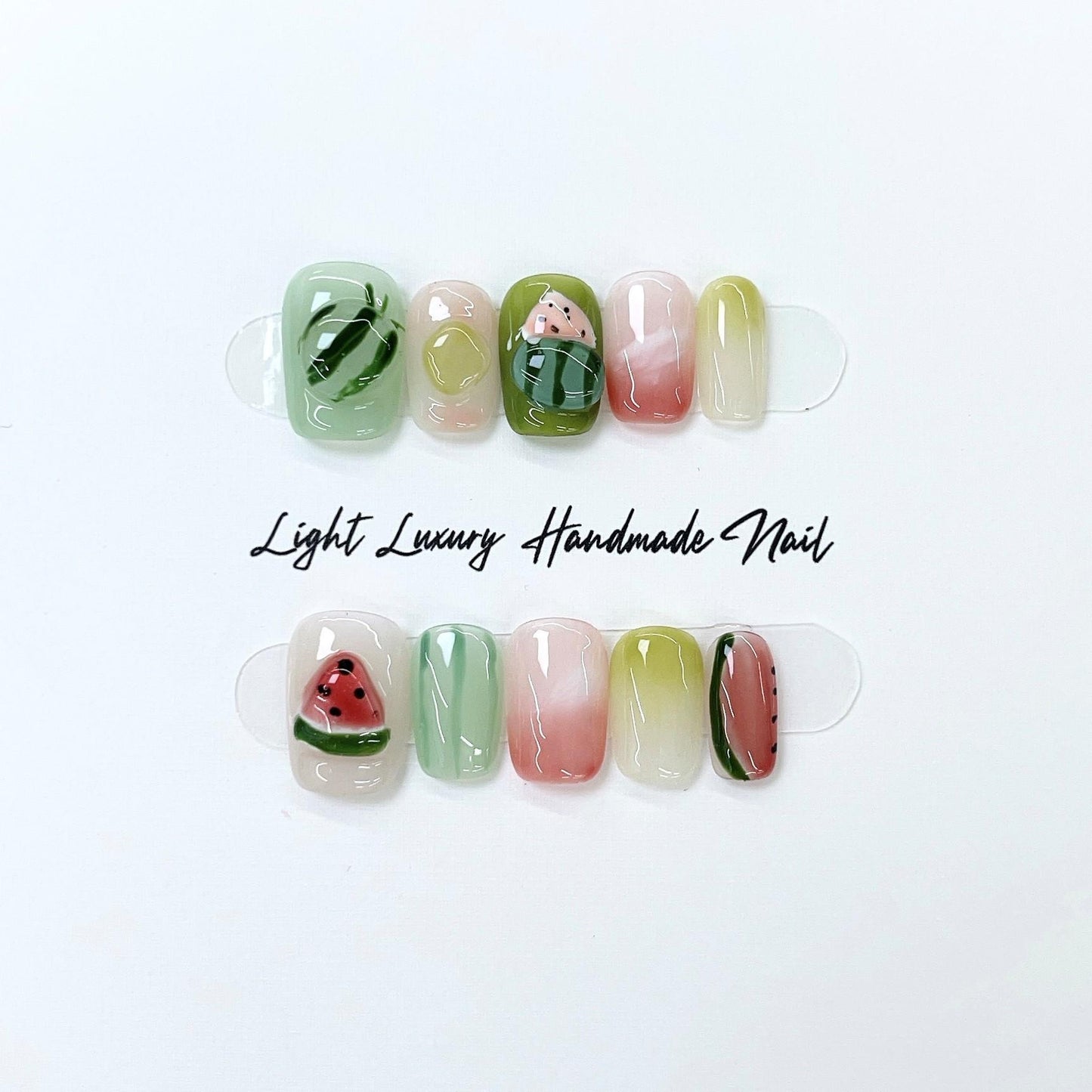 Macaron watermelon handmade nails cute press on nails gel nails extra short coffin summer funny nails