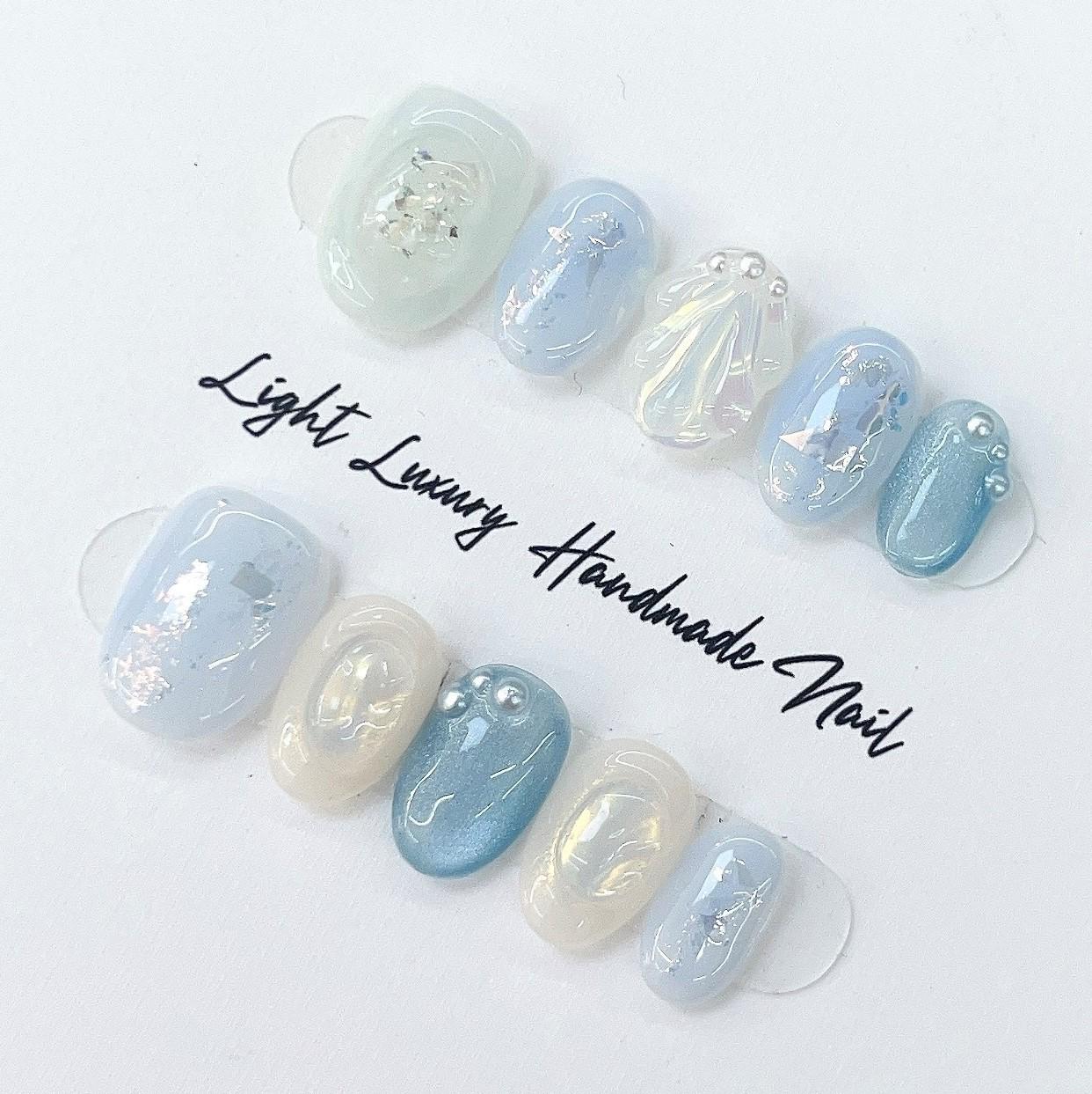 Princess elsa summer handmade nails shell mermaid blue sqeuins bling press on nails fake nail short oval