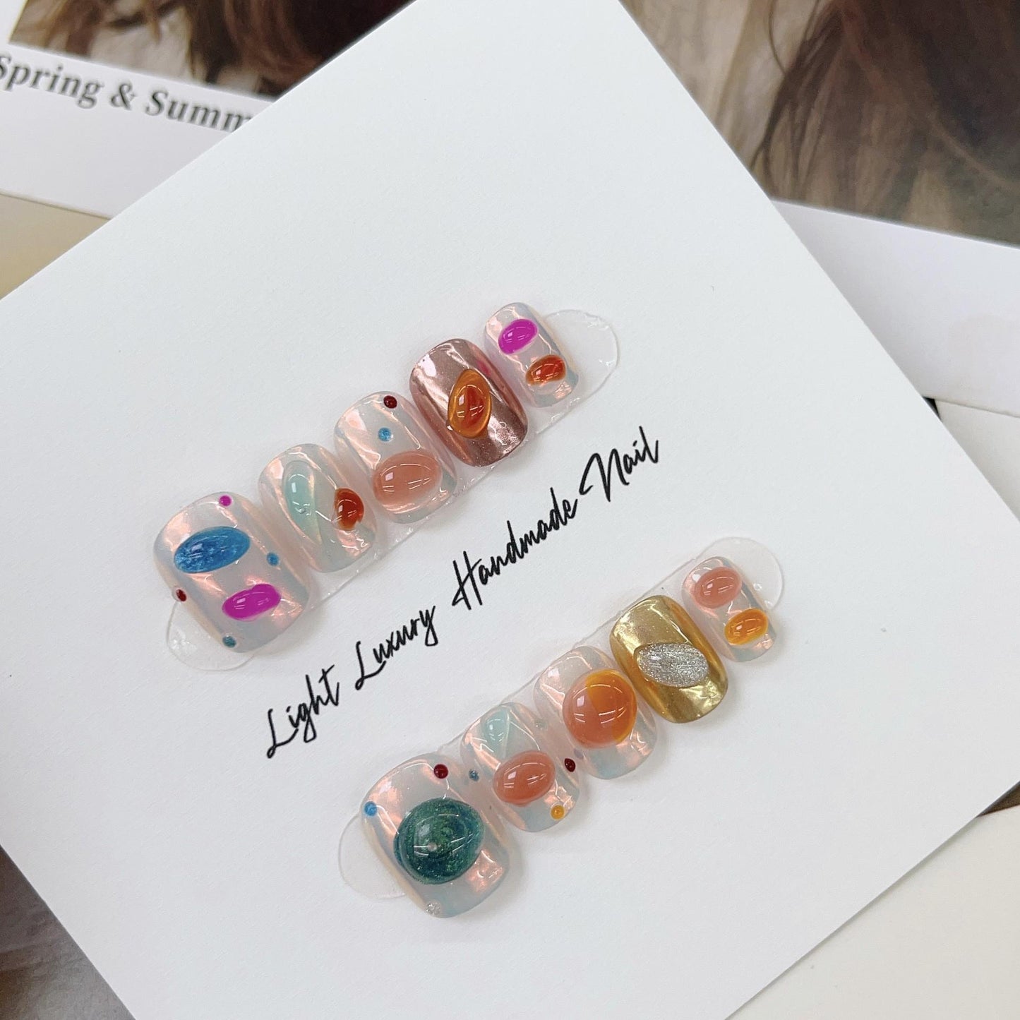 Macaron auraora colorful handmade nails press on nails gel nails sweet nails short nails holiday mermaid nail