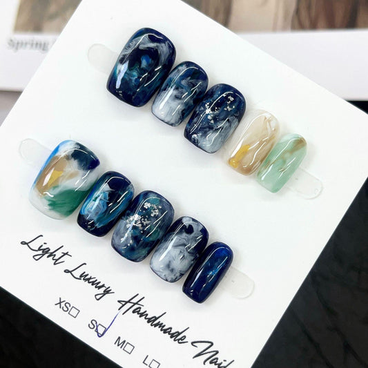 Luxury galaxy starry handmade nails blue press on nails gel fake nails extra short coffin blooming