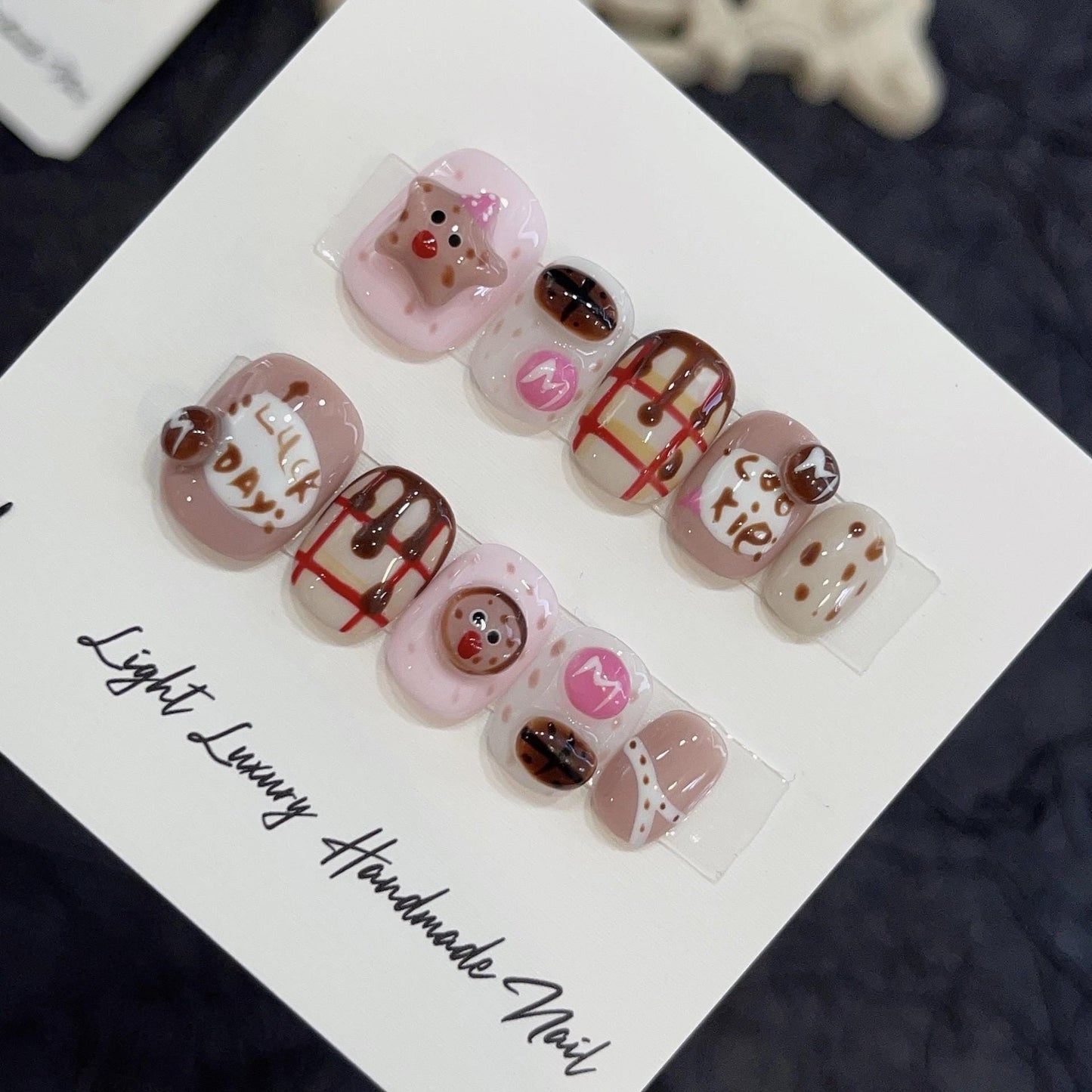 Cartoon cute candy nails handmade press on nails reusable nail art macaron nails short nails fake nails