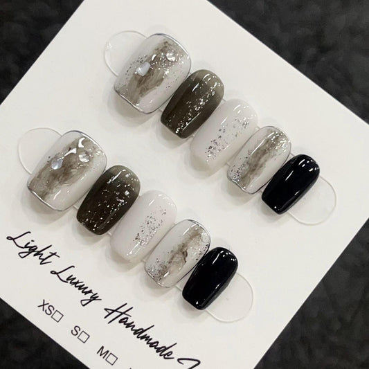 Summer nails black white blooming nails handmade gel nails press on nails holiday extra short coffin