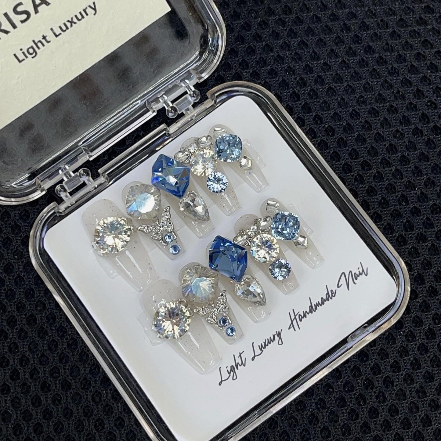 Luxury pandora style full diamond blue genstone handmade press on nails gel nails sparkly bling long coffin sequins butterfly bowtie