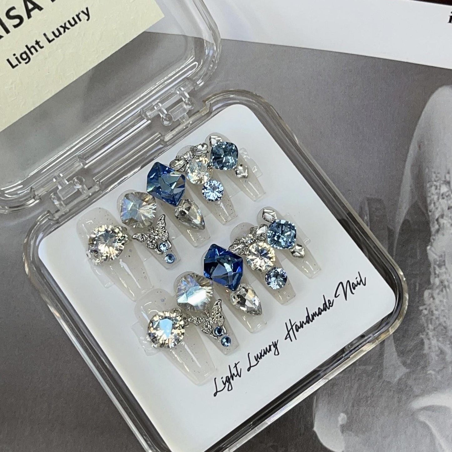 Luxury pandora style full diamond blue genstone handmade press on nails gel nails sparkly bling long coffin sequins butterfly bowtie