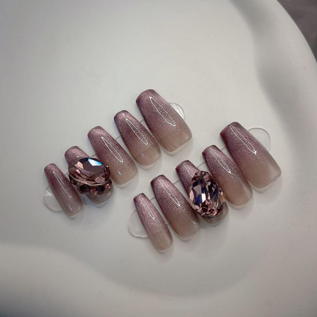 Luxury cat eye purple nails handmade nails shinny press on nails gel nails medium coffin nail art