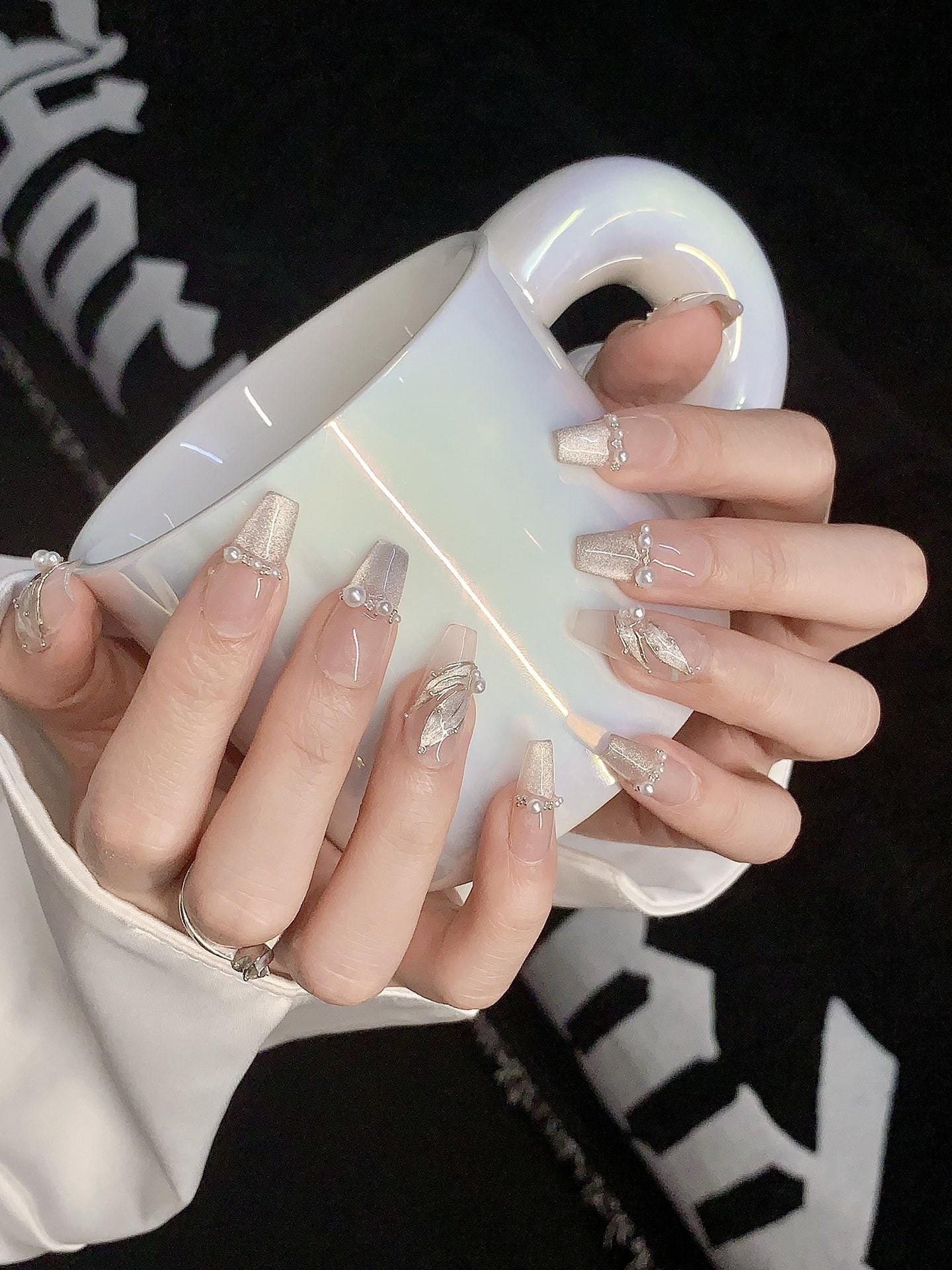 Luxury french white pearls mermaid tail handmade nails press on nails gel nails fake nails medium coffin