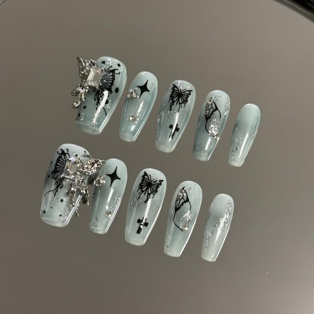 Luxury butterfly nails sequins bling handmade nails false nails press on nails medium coffin nails art