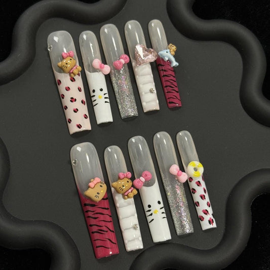 Y2K extra long square hello kitty nails press on nails gel nails fake nails amazing nails art trendy