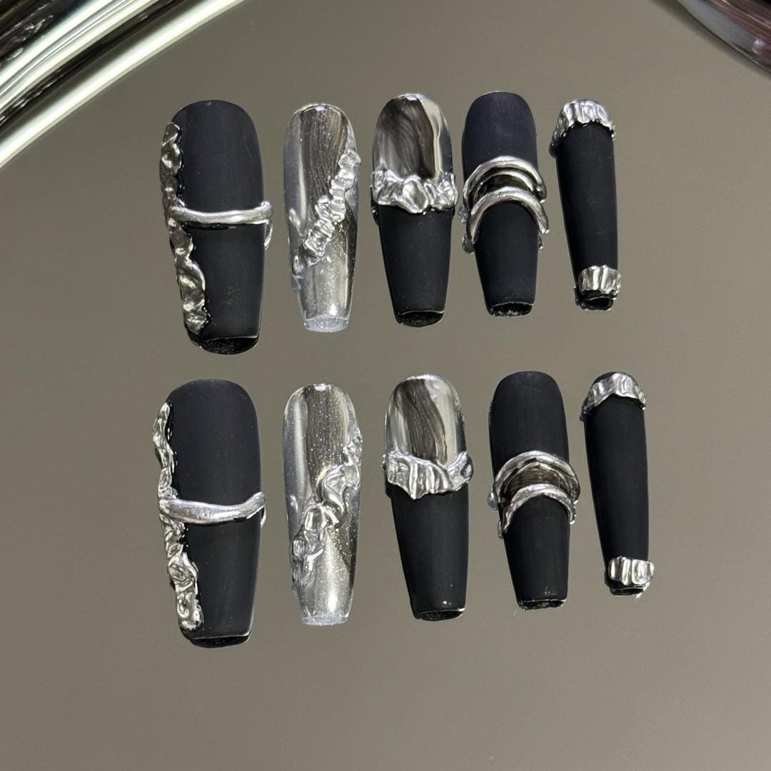 Dark black matte handmade nails press on nails silver metallic gel nails punk style long coffin nails art fake nails extra short short&long