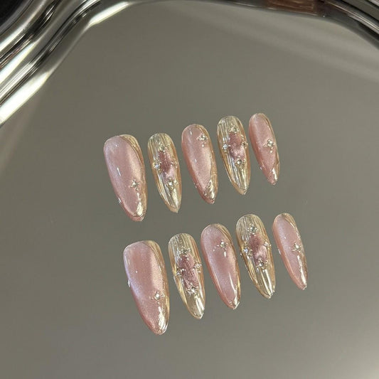 Buccilati sakura pink metallic gold vintage handmade nails press on nails gel nails punk long stiletto