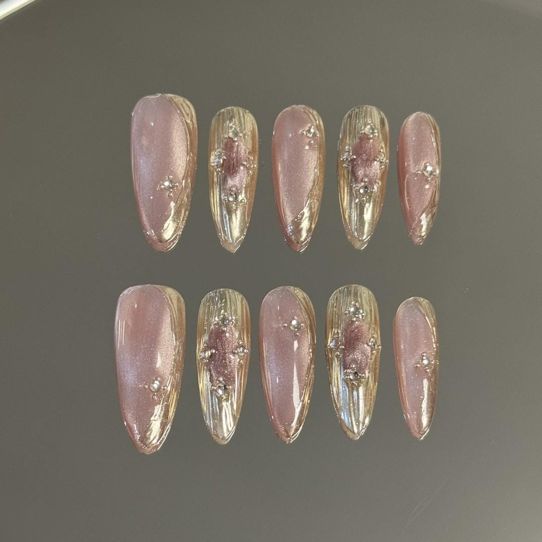 Buccilati sakura pink metallic gold vintage handmade nails press on nails gel nails punk long stiletto