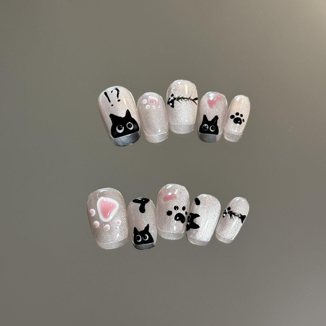 Luxury cute black kitty handmade press on nails gel nails paws cutie gift for students fake nails extra short