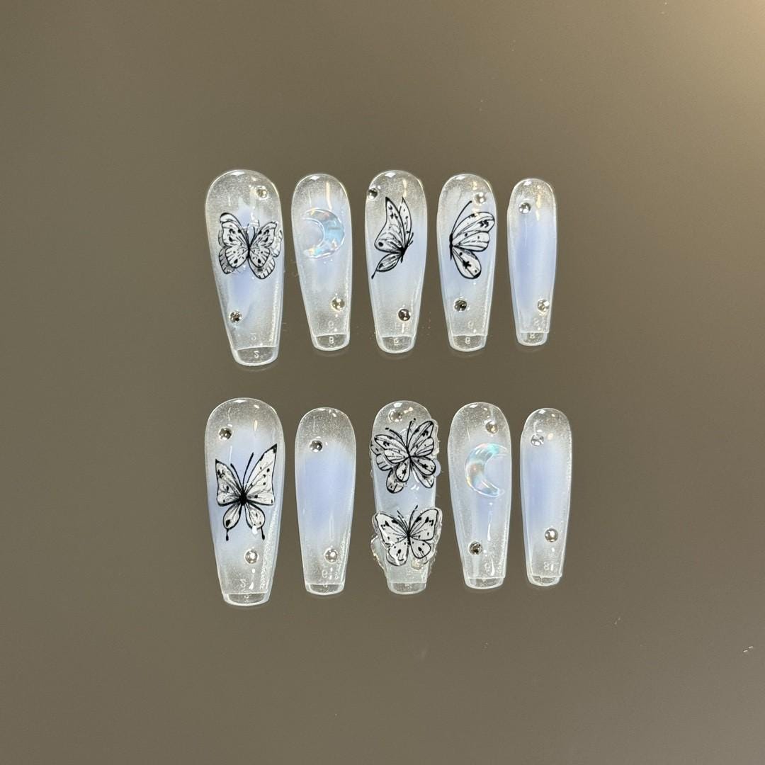 Luxury blue handmade nails butterfly press on nails icy nails long coffin summer nail fake nails reusable