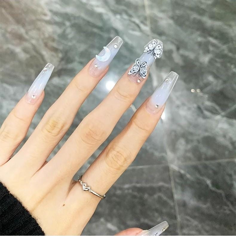 Luxury blue handmade nails butterfly press on nails icy nails long coffin summer nail fake nails reusable