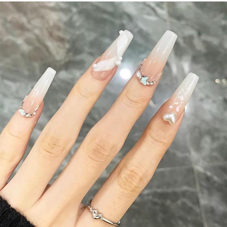 Luxury nude silkribbon handmade press on nails heart pearls gel nails long coffin delicate wedding nails