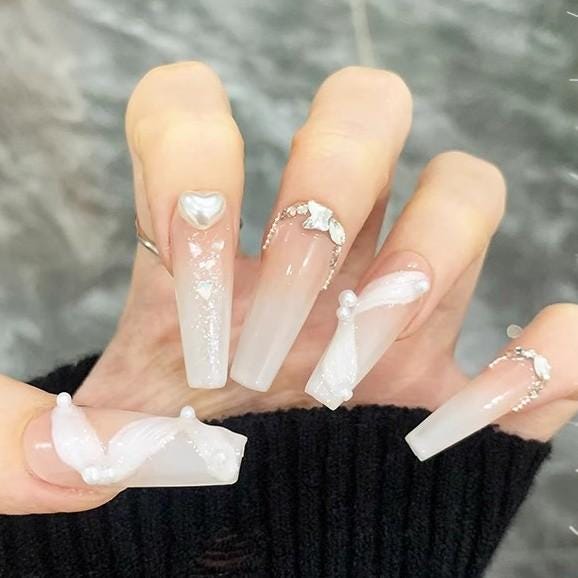 Luxury nude silkribbon handmade press on nails heart pearls gel nails long coffin delicate wedding nails