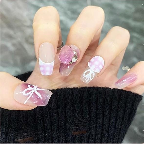 Luxury plaid hand painted ribbon handmade nails press on nail gel nails short coffin nail art fake nails