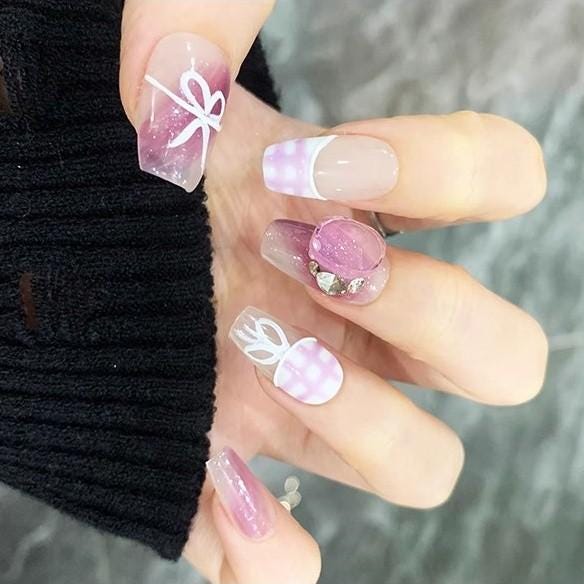 Luxury plaid hand painted ribbon handmade nails press on nail gel nails short coffin nail art fake nails