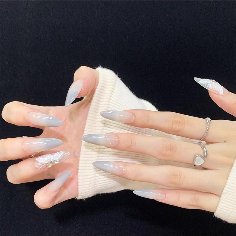 Luxury nude butterfly handmade press on nails gel nails long stiletto delicate gentle nails wedding nails