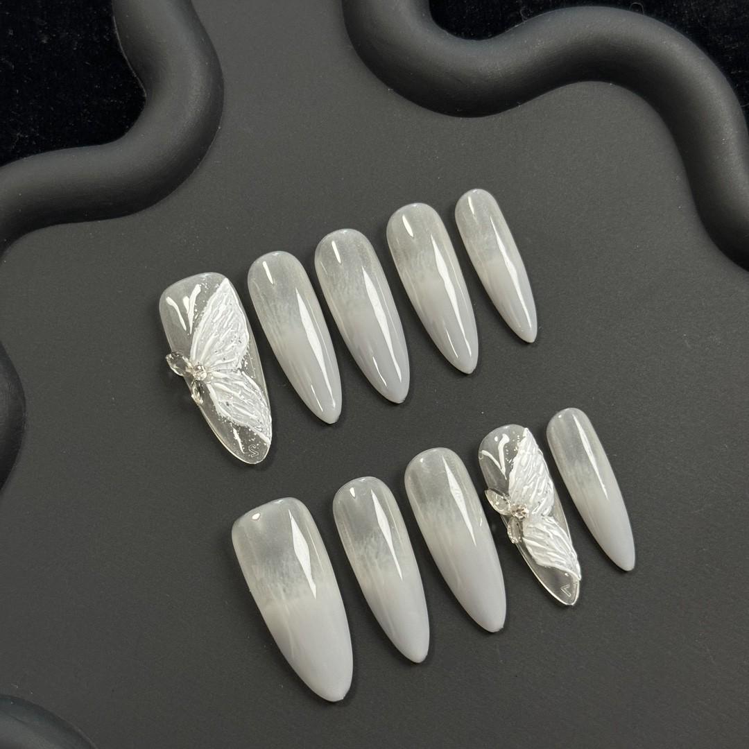 Luxury nude butterfly handmade press on nails gel nails long stiletto delicate gentle nails wedding nails